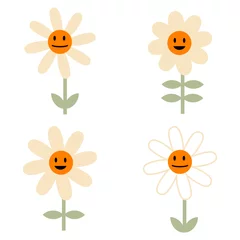 Fotobehang Positive retro style daisies flowers stickers collection. Floral set for T-shirt, logo and print. Isolated vector illustration for decor and design. © Anna