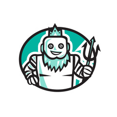 Fototapeta premium Robotic Poseidon Holding Trident Oval Retro