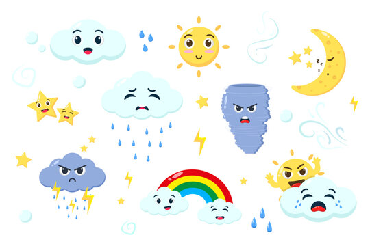 Set of cute weather cartoon character