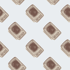 Retro TV engraved seamless pattern. Vintage television media equipment in hand drawn style.