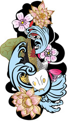 Beautiful line art Koi carp tattoo design ,Black and white koi fish and flower,Japanese tattoo with sakura and lotus flower,chinese tattoo with marigold flower.