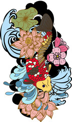 Beautiful line art Koi carp tattoo design ,Black and white koi fish and flower,Japanese tattoo with sakura and lotus flower,chinese tattoo with marigold flower.
