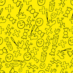 Seamless pattern of black school doodles on a yellow background.