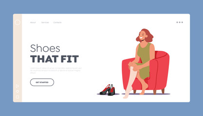 Young Woman Choose Footwear at Shop Landing Page Template. Female Character Dressing Stockings and Shoes