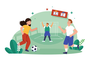 The group of friends is playing soccer in the yard