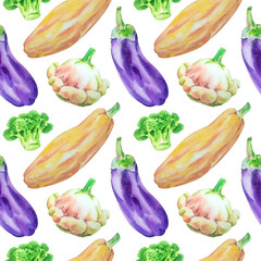 Seamless background of vegetables, zucchini, eggplant, broccoli, isolated on a white background