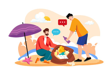 Volunteers are collecting trash on the beach