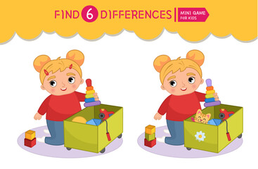 Fototapeta premium Find differences. Educational game for children. Cartoon vector illustration cute girl puts the toys in the box. 