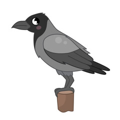 Vector illustration of cartoon cute crow isolated on white background. Raven sits on a bough picture for children.