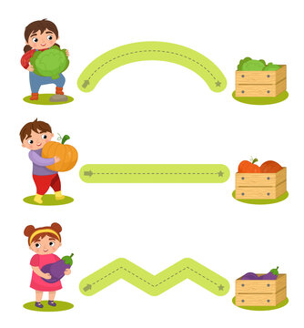 Educational material for preschool children. Graphomotor tracks, writing practice. Cartoon vector illustration of kids with vegetables.
