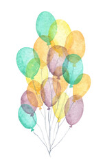 Fototapeta na wymiar Bunches and Groups of Colorful Balloons. Watercolor Illustration.