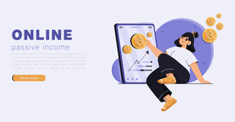 Online passive income concept. Banner with woman getting coins money through mobile phone, earning or making money concept. Vector illustration in flat cartoon style.