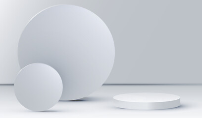 Empty podium place to display product with geometric 3d round shape vector background. Cosmetic commercial place with white stage studio design.	


