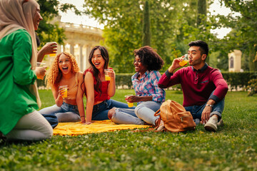 Friends on park lawn