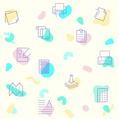 Abstract pattern on the theme of paper, report, document, file, attachment, shredder, stationery, notes, paperclip and more. 
simple color icons on beige background.