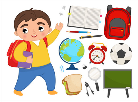 Vector set of school supplies on a white background. Cartoon cute  schoolboy with a backpack.
