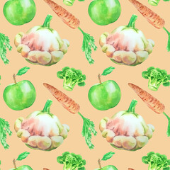 Pattern with watercolor vegetables, carrot, apple, broccoli, zucchini, on an orange background