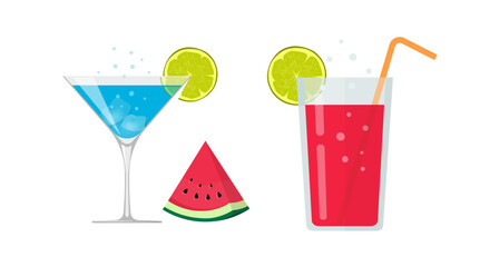 Cocktail glasses isolated vector blue red for bar party cut out on white background, alcohol fruit raspberry juice beverages with watermelon slice graphic modern illustration image clipart