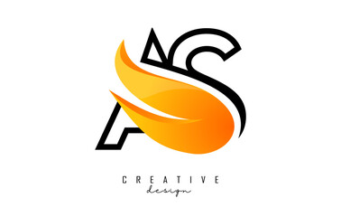 Outline Vector illustration of abstract letters AS a s with fire flames and Orange Swoosh design. Letters logo with creative cut and shape.