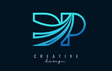 Outline blue letters DP d p logo with leading lines and road concept design. Letters with geometric design.