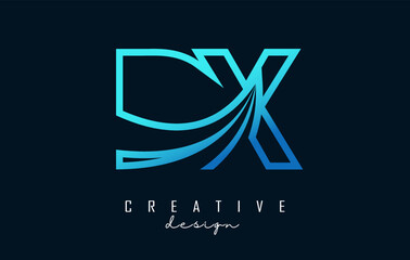 Outline blue letters DX d x logo with leading lines and road concept design. Letters with geometric design.