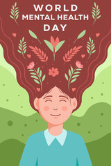 flat world mental health vertical banner illustration with a happy woman and floral