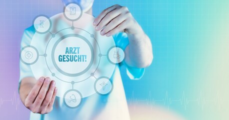 Arzt gesucht!. Medizin in der Zukunft. Arzt hält virtuelles Interface mit Text und Icons im Kreis.