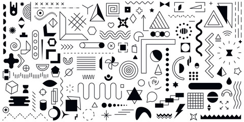 Fototapeta premium Set of 100+ vector geometric shapes. Memphis trendy graphic elements. Template for your project, advertising, banner, poster, t-shirt. Black and white style.