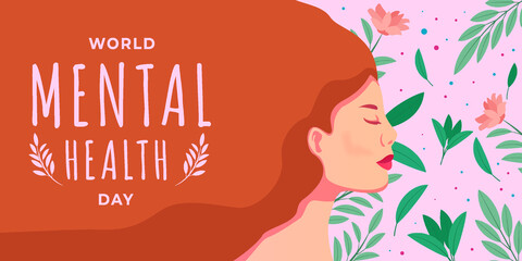 world mental health day horizontal banner with a woman and floral