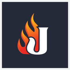 letter J logo with fire flame design illustration