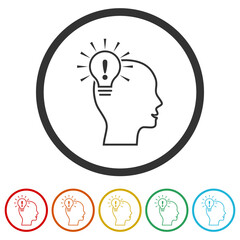 Glowing light bulb in the head icon. Set icons in color circle buttons