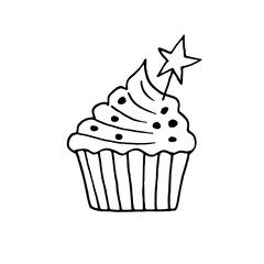 cupcake with star hand drawn in doodle style. sweet holiday dessert.
