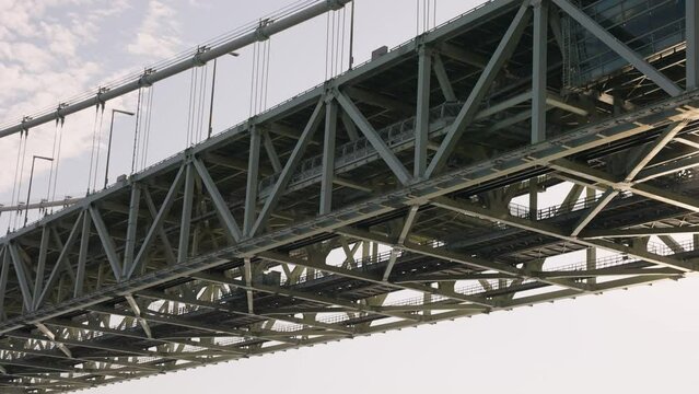 Akashi Kaikyo Suspension Bridge at Sunset, Hyogo Japan. Close Shot