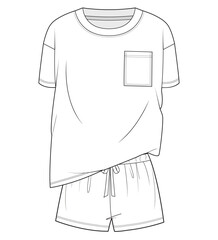 drop shoulder short sleeve crew neck oversize t shirt and drawstring elastic waist band short pant flat sketch vector illustration sleepwear, casual wear, pyjama set cad drawing mockup template.