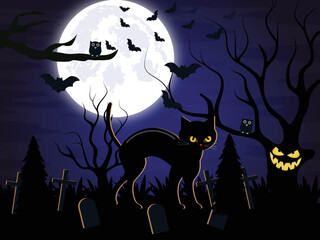 Halloween background with a trees, owls, cat and bats.