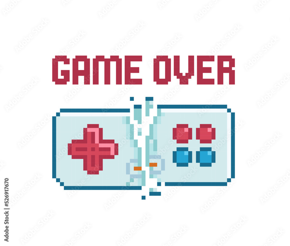 Poster pixel art broken gamepad in 8-bit style. retro video game poster in 80s -90s style. game over. pixel