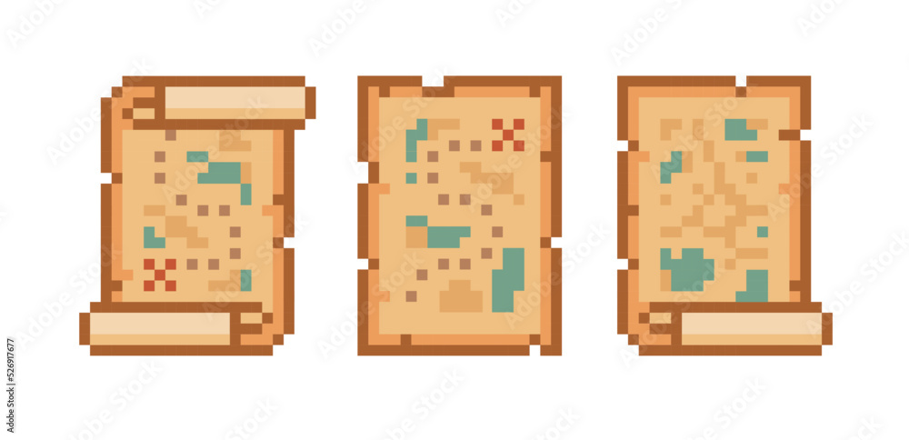 Poster ancient treasure map set on parchment scroll. pixel art path map icon. 8-bit retro game assets. abst