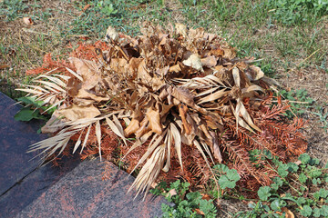Dry wreath next to a tombstone in the public cemetery