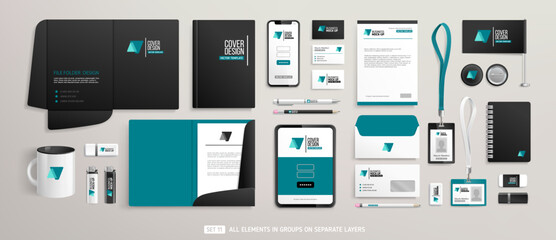 Brand Identity Mock-Up of stationery set. Business office stationary mockup of File folder, annual report. Business brochure cover. Tablet display. Advertising promo elements. Editable vector template