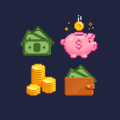 Pixel Game Money saving icons. Piggy Bank with gold coin. Cash Money sign. Wallet with banknotes. Pixel Art Piggy Bank icon. Accumulate money concept  in 8-bit retro game 80s - 90s style