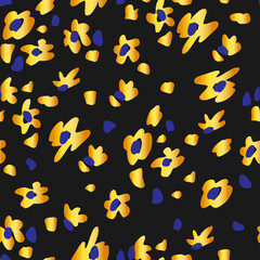 Golden leopard on black background seamless pattern. Abstract blue flower spots. Animalistic vector background. Vector illustration