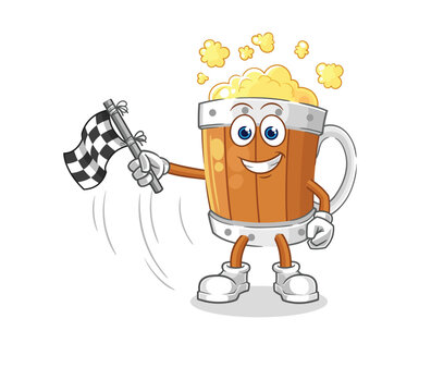 beer mug hold finish flag. cartoon mascot vector