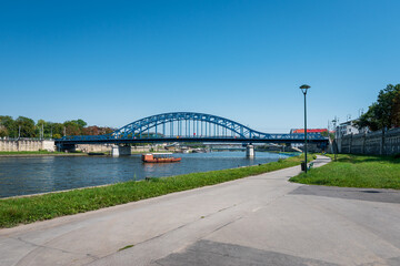 Boulevards on the Vistula River. view of the Piłsudski Bridge. Cracow, Poland