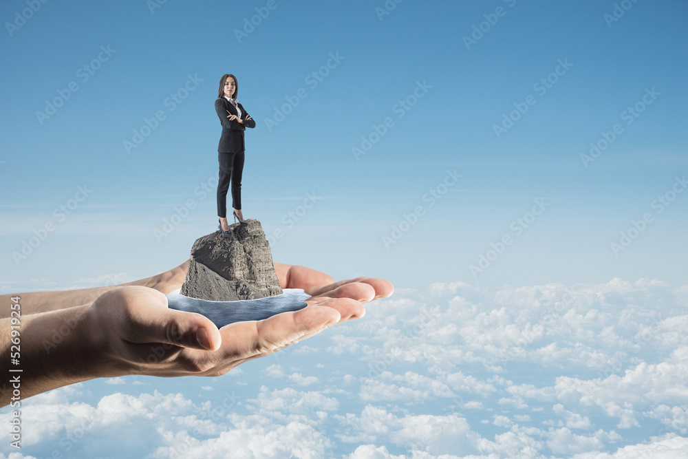 Poster abstract image of hands holding female standing on rock and water on bright blue sky city background