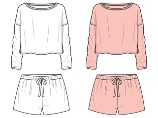 womens sleep wear set flat sketch drop shoulder boat neck long sleeve crop top t shirt and drawstring waist short pant vector illustration template. cad mockup.