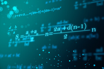 Glowing mathematical formulas on blue wallpaper. Education, knowledge and statistics concept. 3D Rendering.