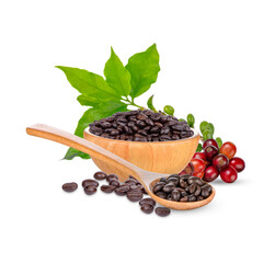 Coffee beans with leaves isolated on transparent background. (.PNG)