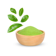 Green tea powder in a wooden cup  with leaves isolated on transparent background. (.PNG)