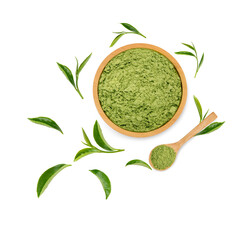 Green tea powder with leaves isolated on transparent background. (.PNG).  Top view