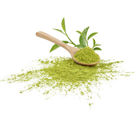 Green matcha powder in a spoon with tea leaves isolated on transparent background. (.PNG) - obrazy, fototapety, plakaty
